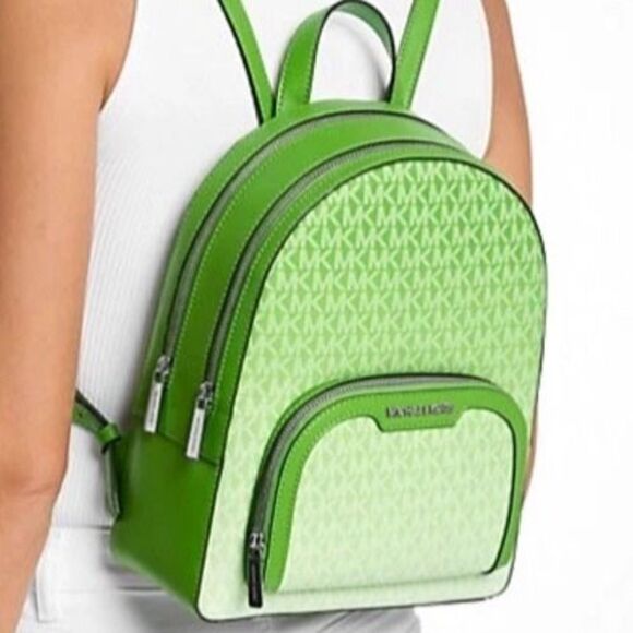 New Michael Kors Jaycee Medium Ombré Signature Logo Backpack Jungle Green - Picture 4 of 5